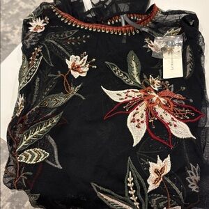 NWT Anthropologie XL Sheer Black Floral Embroidered Long-Sleeve Blouse 🌺